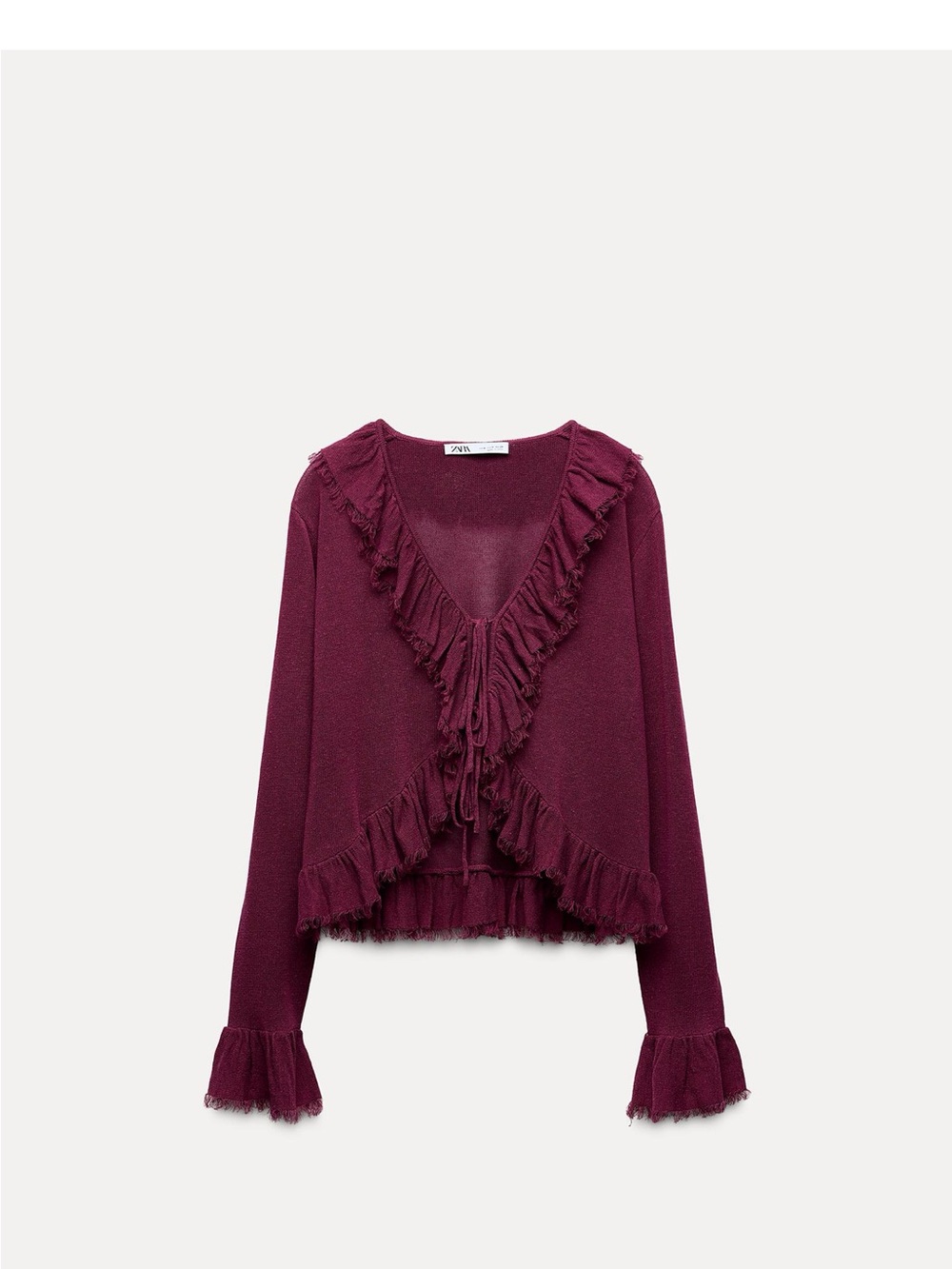 Zara Ruffle Tie-Front Sweater in Wine